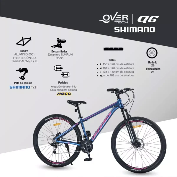 Bicicleta MTB Overtech Q6 R29 Shimano 21V – Aluminio, Suspensión Delantera y Frenos a Disco - Image 2